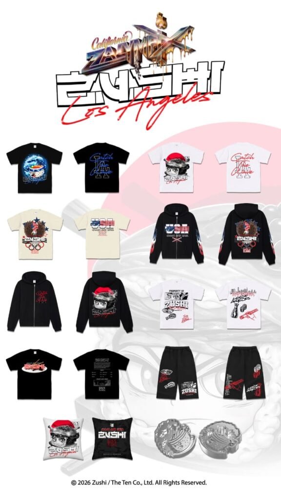 Full Zushi apparel collection including t-shirts, hoodies, and shorts displayed at Zalympix 2026