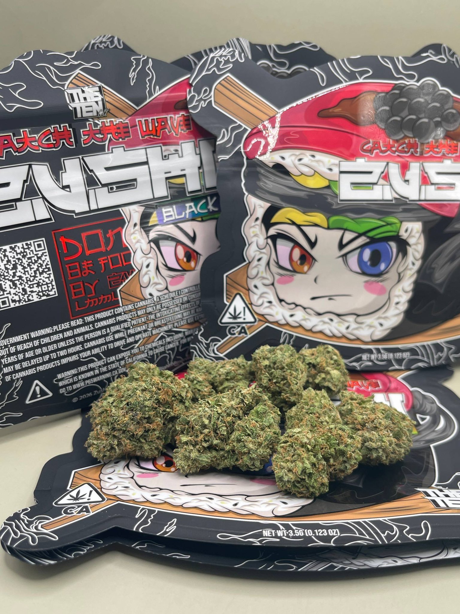Black Zushi by THE TENCO premium cannabis flower buds next to official packaging