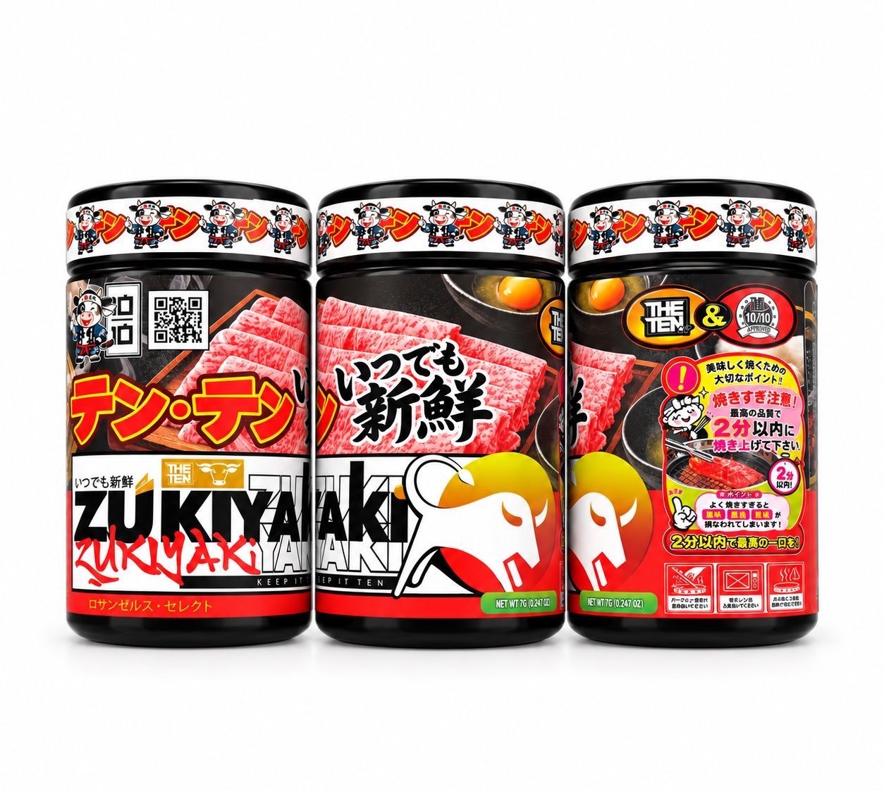 ZUKIYAKI By THE TENCO premium hybrid flower three jar angles showing front side and back labels with Japanese packaging and cow mascot