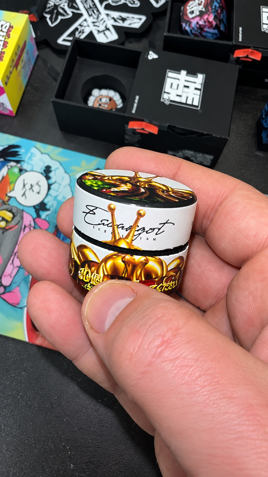 ESCARGOT ROSIN By THE TENCO closed white jar with golden crowned snail Escargot artwork by THE TENCO