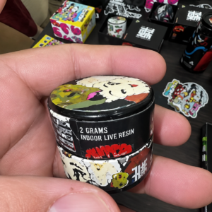 YELLO ZUSHI ROSIN By THE TENCO closed 2 gram jar with colorful graffiti artwork and 2 GRAMS INDOOR LIVE RESIN label