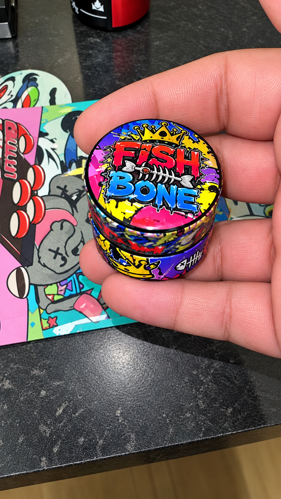 FISH BONE ROSIN By THE TENCO closed colorful jar with graffiti Fish Bone logo and crown design